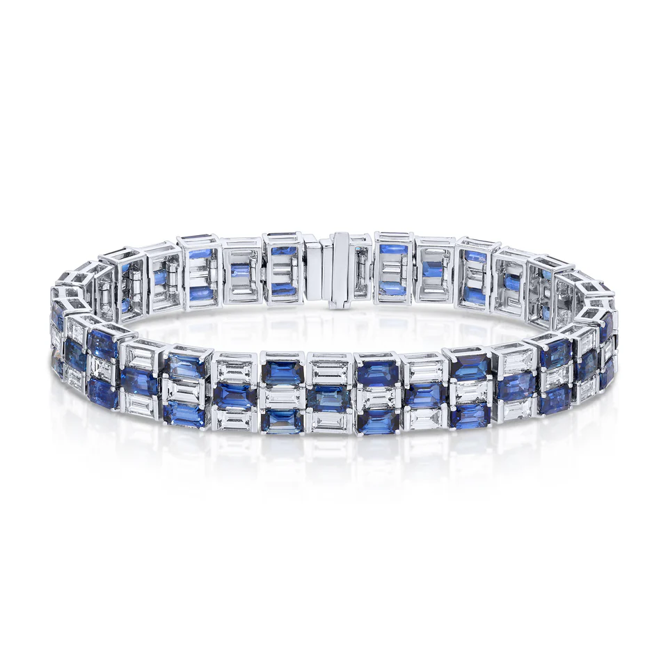 EMERALD CUT BLUE SAPPHIRE AND BAGUETTE DIAMOND TENNIS BRACELET